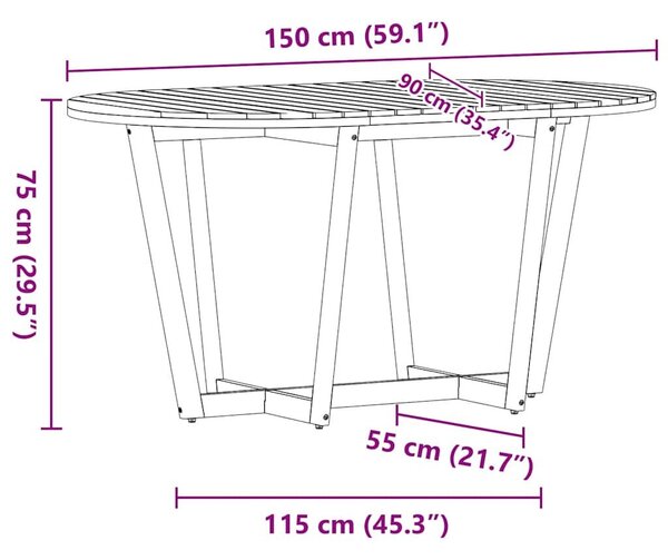 VidaXL tömör akácfa kerti étkezőasztal ovális 150 x 90 x 75 cm