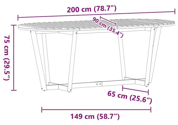 VidaXL ovális kerti étkezőasztal 200 x 90 x 75 cm tömör akácfa