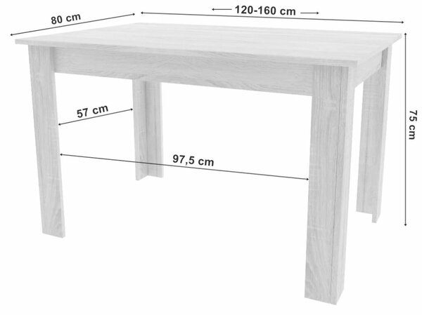 Kihúzható étkezőasztal 120–160 x 80 cm, craft tölgy, 4–6 fő