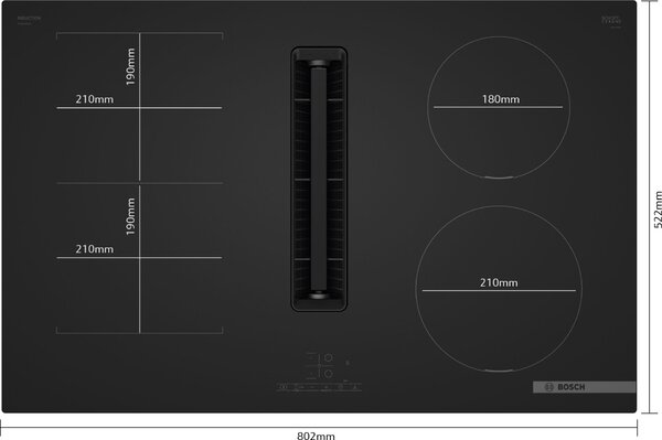 Bosch Serie 4, Indukciós főzőlap, beépített elszívóval, 80 cm, Matt fekete, munkapultra építhető keret nélkül, PVS81AB16E