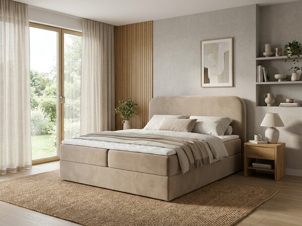 Kárpitozott boxspring ágy FORENA 160x200 cm bézs Matrac: Bonell rugós matrac