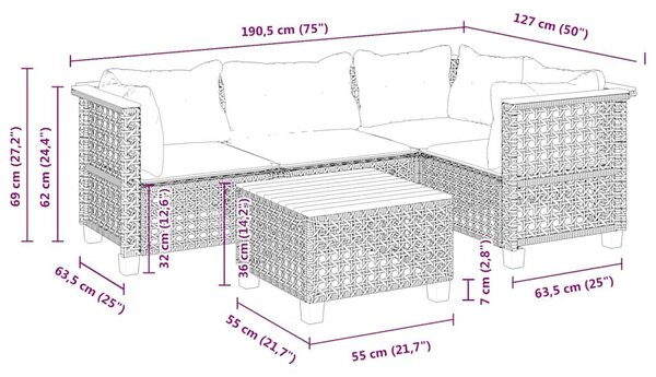 VidaXL 5 részes bézs polyrattan kerti ülőgarnitúra párnákkal