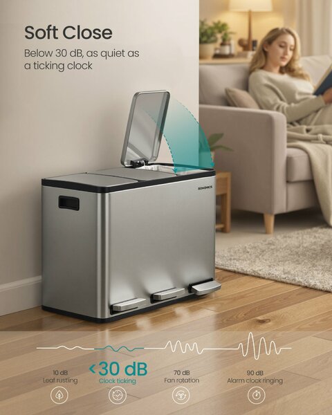 SONGMICS 3 x 15L szelektív konyhai szemetes, lágy záródás, ezüst