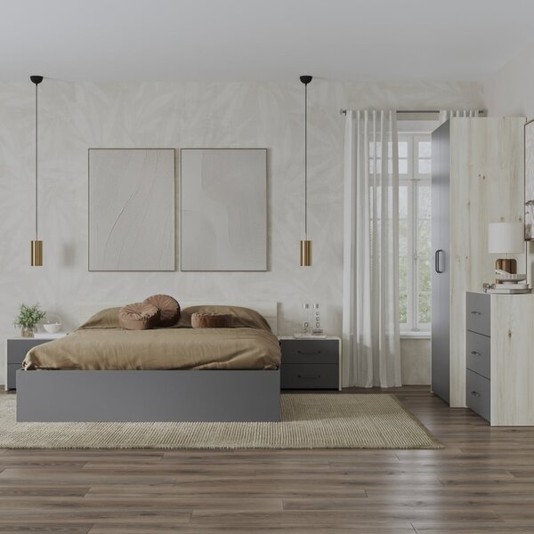 Malmo V2 hálószoba szett 140 x 200 cm-es ággyal, Fehér tölgy / Antracit
