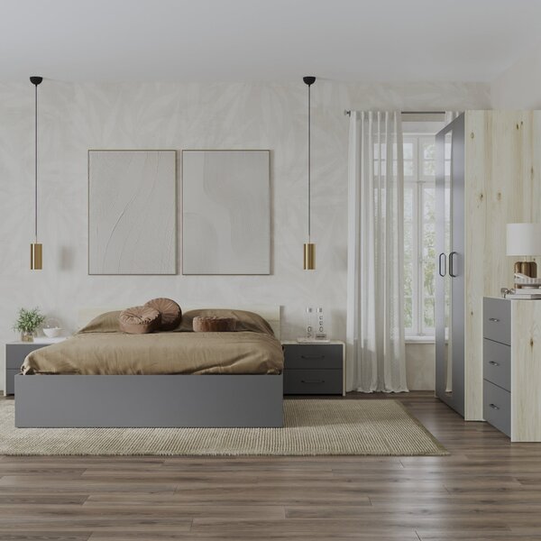 Malmo V4 hálószoba szett 140 x 200 cm-es ággyal, Fehér tölgy / Antracit
