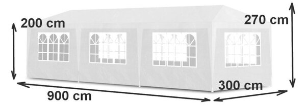 Kerti pavilon 300x900 cm, 8 leválasztható fal ablakokkal és ajtóval, fém szerkezet, vízálló PE, fehér