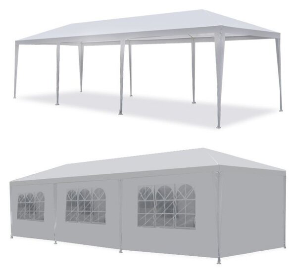 Kerti pavilon 300x900 cm, 8 leválasztható fal ablakokkal és ajtóval, fém szerkezet, vízálló PE, fehér