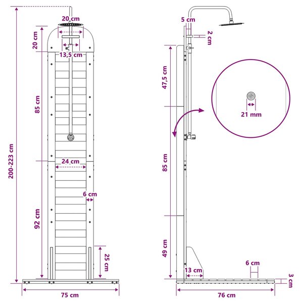 VidaXL Kültéri zuhany 223 cm Impregnált fenyőfa és rozsdamentes acél