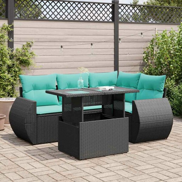 VidaXL 5 részes fekete polyrattan akácfa kerti kanapészett párnákkal
