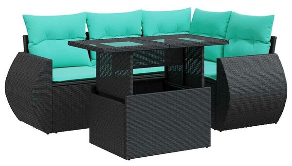VidaXL 5 részes fekete polyrattan akácfa kerti kanapészett párnákkal