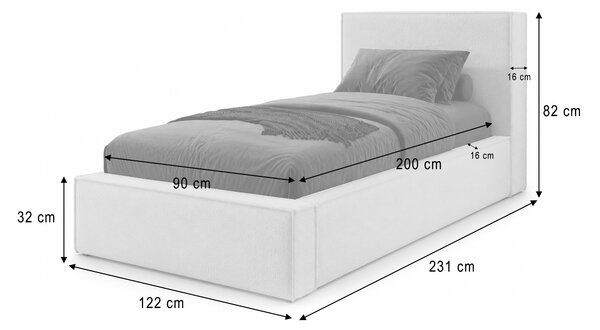 ASTURIA egyszemélyes kárpitozott ágyneműtartós ágy 90x200 - mentazöld