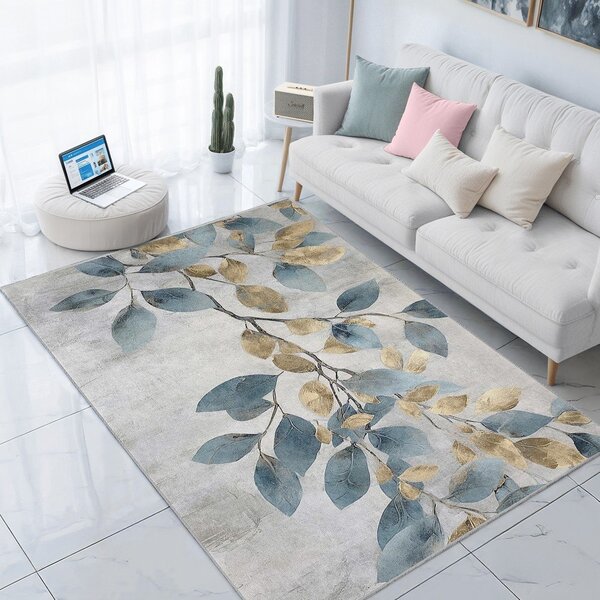 Világoskék-aranyszínű mosható futószőnyeg 80x200 cm Golden Leaves – Mila Home