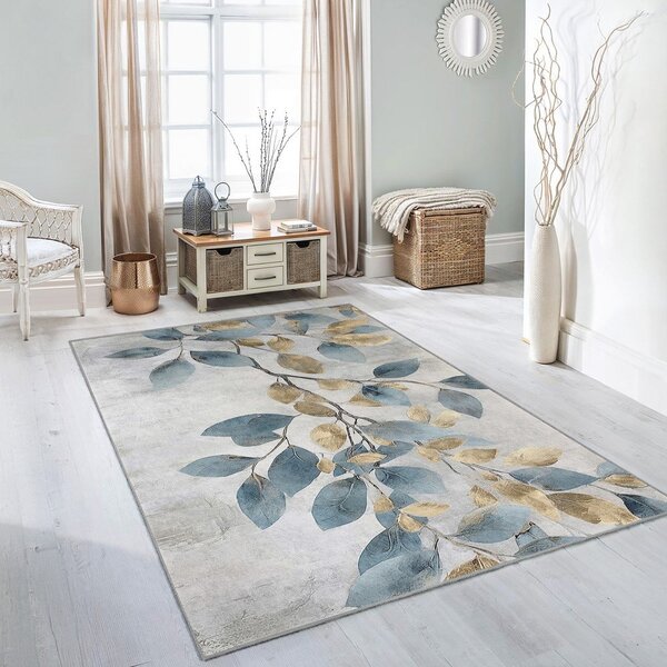 Világoskék-aranyszínű mosható futószőnyeg 80x200 cm Golden Leaves – Mila Home