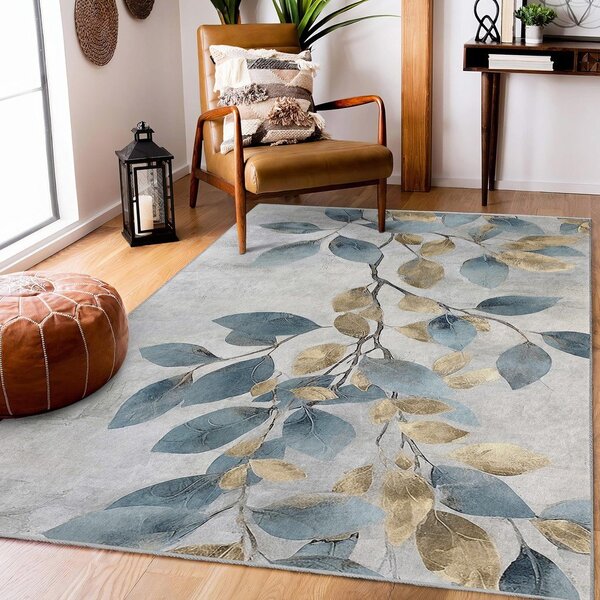 Világoskék-aranyszínű mosható futószőnyeg 80x200 cm Golden Leaves – Mila Home