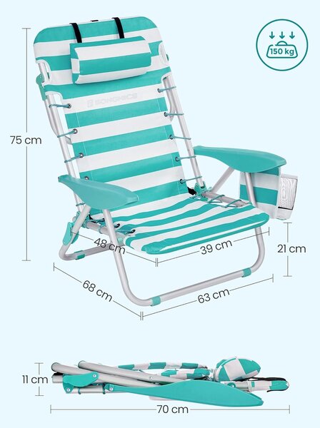 Hordozható strandszék összecsukható háttámlával 4 pozícióban, alumínium váz Oxford 600D, max 150 kg, 68x63x75 cm, fehér-zöld