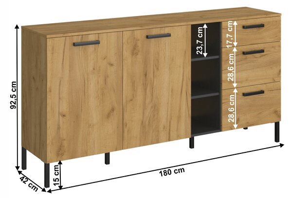 KONDELA Komód 2D3S, craft tölgy arany/antracit, SANTANA