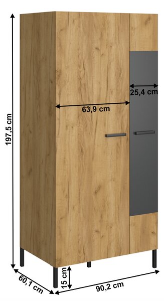 KONDELA Gardróbszekrény 2D, craft tölgy arany/antracit, SANTANA