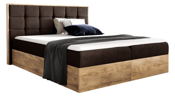 KONDELA Boxspring ágy, 200x200, barna Paros szövet/lancelot tölgy, WOOD 1
