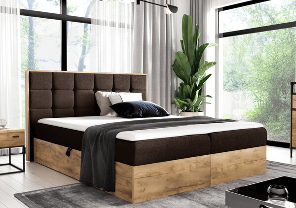 KONDELA Boxspring ágy, 200x200, barna Paros szövet/lancelot tölgy, WOOD 1