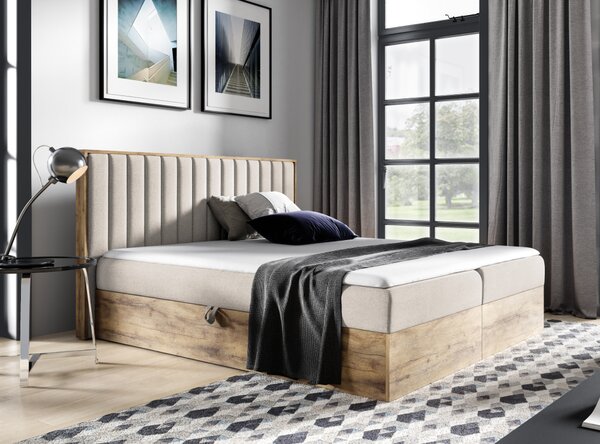 KONDELA Boxspring ágy, 200x200, bézs Paros szövet/lancelot tölgy, WOOD 4