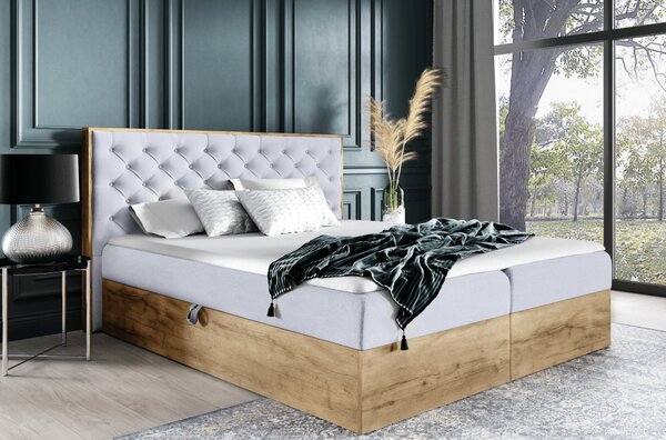 KONDELA Boxspring ágy, 200x200, szürke Paros szövet/lancelot tölgy, WOOD 3