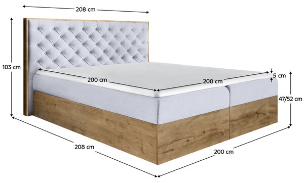 KONDELA Boxspring ágy, 200x200, szürke Paros szövet/lancelot tölgy, WOOD 3