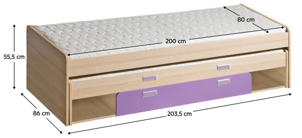 KONDELA Ágy pótággyal, kőrisfa/ibolyakék, 200x80, EGO L16