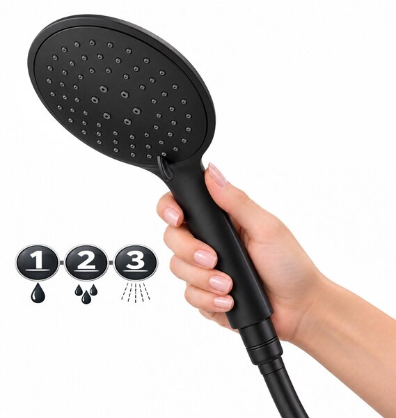 Erga Wemi, 3 funkciós kézi zuhany 150 cm-es tömlővel, 12,5 × 14 cm, matt fekete, ERG-YKA-BP.WEMI-BLK