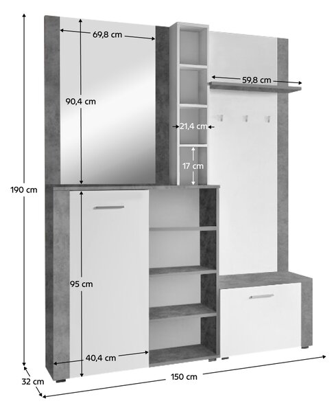 KONDELA Előszobai készlet, fehér/ beton, FANDU
