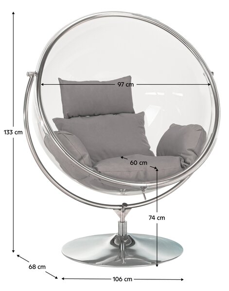 KONDELA Függő fotel állvánnyal, átlátszó/ezüst/szürke, BUBBLE NEW TYP 2
