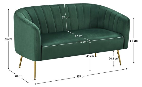 KONDELA Design kétszemélyes kanapé, sötétzöld Velvet szövet/gold króm-arany, BAGY