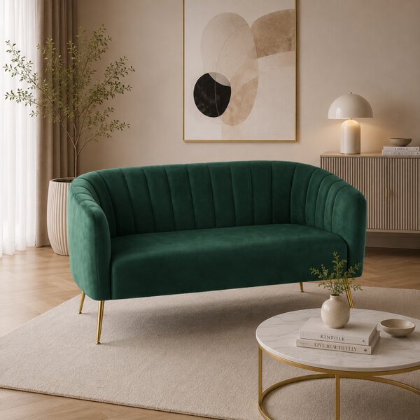 KONDELA Design kétszemélyes kanapé, sötétzöld Velvet szövet/gold króm-arany, BAGY