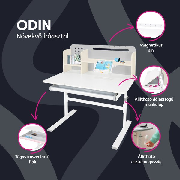 KONDELA Növekvő íróasztal, szürke/fehér, ODIN