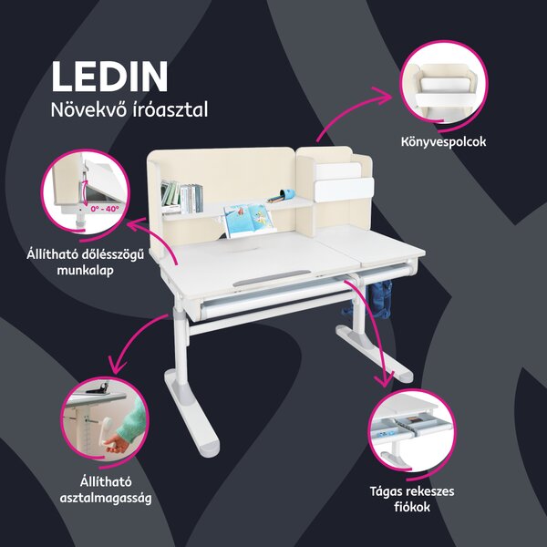 KONDELA Növekvő íróasztal, natúr/fehér, LEDIN