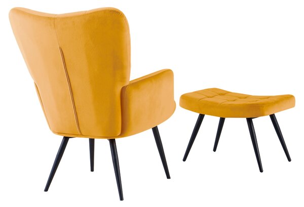 KONDELA Fotel lábtartóval, sárga Velvet szövet/fekete, HABEN
