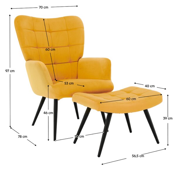 KONDELA Fotel lábtartóval, sárga Velvet szövet/fekete, HABEN