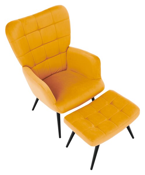 KONDELA Fotel lábtartóval, sárga Velvet szövet/fekete, HABEN