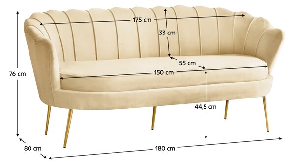 KONDELA Luxus kanapé, 3 személyes, bézs Velvet szövet/arany, Art-deco, NOBLEO TYP 2