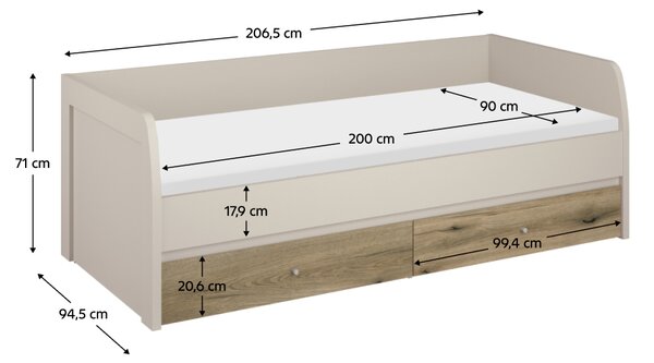 KONDELA Ágy, 90x200, kasmír/evoke tölgy, KAROS 2S
