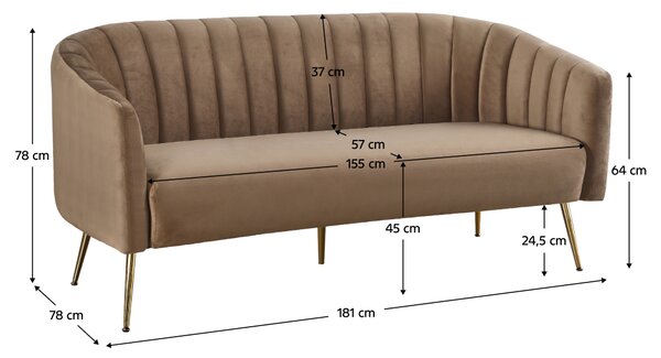 KONDELA Design 3-as ülés kanapé, barna bársony szövet/arany króm-arany, BAGY