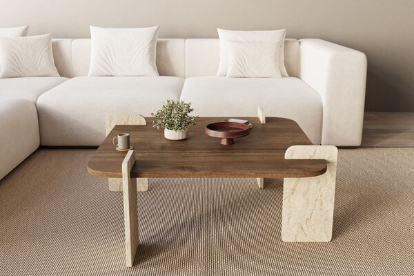 Hanah Home Coffee Table Walnut Travertine Afrolli - Walnut, Travertine