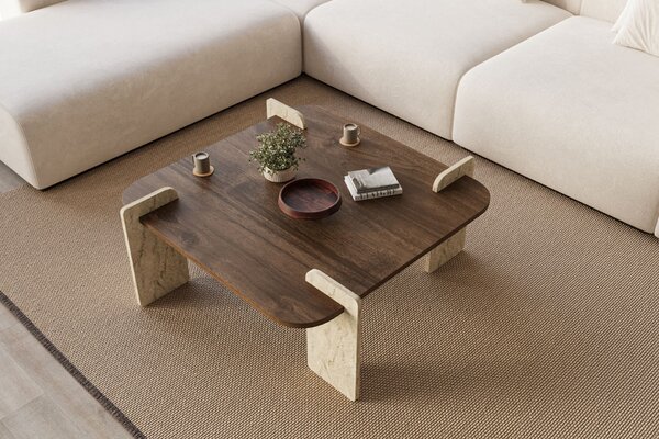 Hanah Home Coffee Table Walnut Travertine Afrolli - Walnut, Travertine