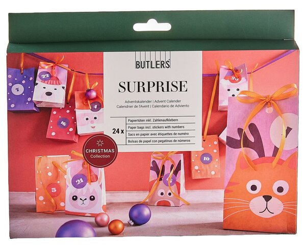SURPRISE papír adventi kalendárium 24 tasak , állatos