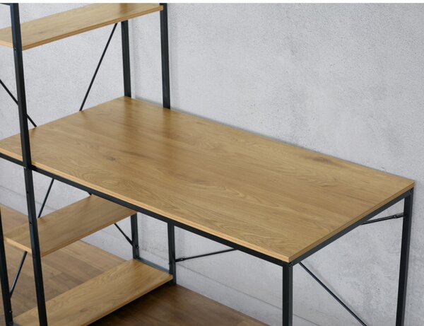 Polcos íróasztal, MDF, tölgy dekor, fekete fém GD-520
