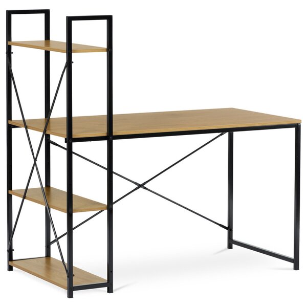 Polcos íróasztal, MDF, tölgy dekor, fekete fém GD-520