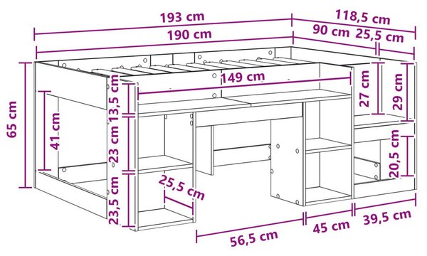 Gyerekágy keret tárolóval Füstös Tölgy 90 x 190 cm Szerelt Fa