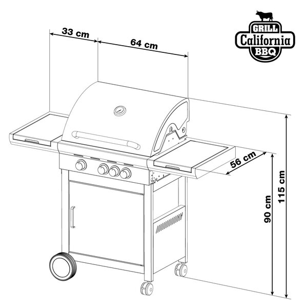 CALIFORNIA BBQ gázgrill, 4 égővel, nyomáscsökkentő szeleppel, ezüst Penta CZ