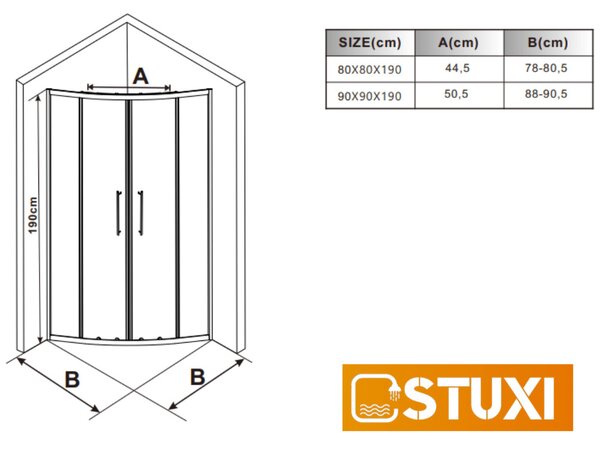 Stuxi Nizza Black 80x80 cm szögletes két tolóajtós zuhanykabin 6 mm vízlepergető biztonsági üveggel, fekete elemekkel, 190 cm magas