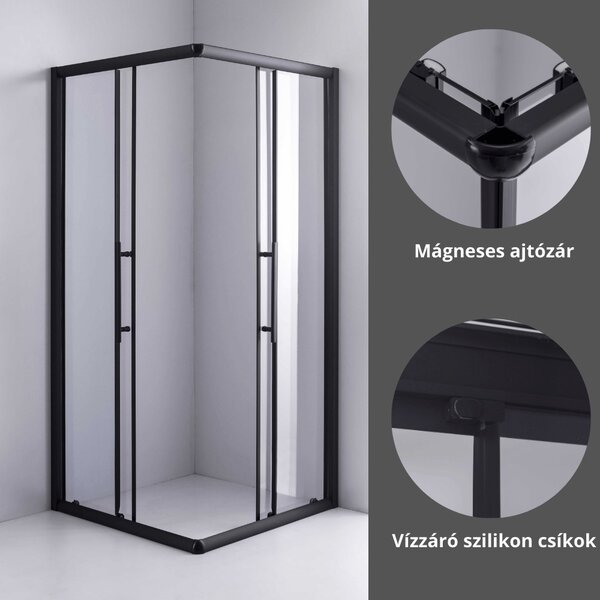 Stuxi Nizza Black 80x80 cm szögletes két tolóajtós zuhanykabin 6 mm vízlepergető biztonsági üveggel, fekete elemekkel, 190 cm magas
