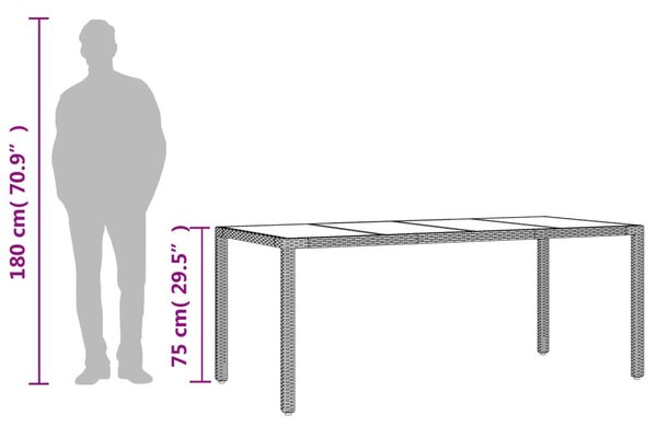 Szürke polyrattan üveglapos kerti asztal 190 x 90 x 75 cm